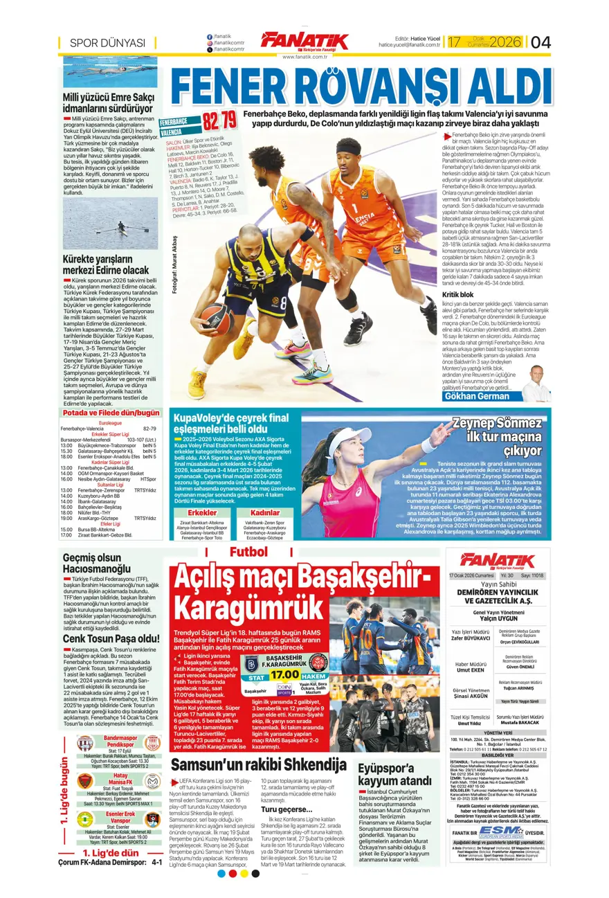 "Akıl oyunları" (17 Ocak 2026 spor manşetleri) 17
