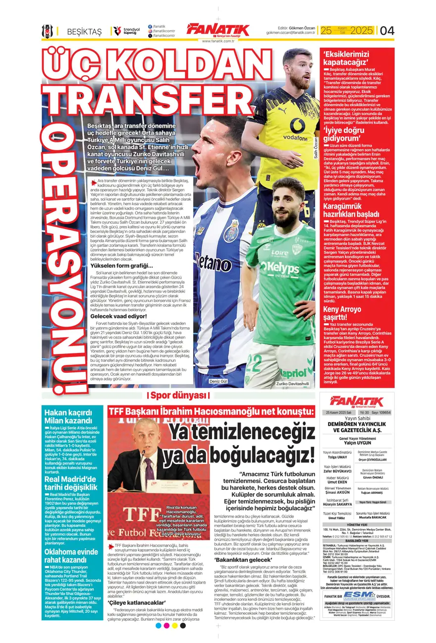 "Aslan'ın yeni avı Union SG" (25 Kasım 2025 spor manşetleri) 26