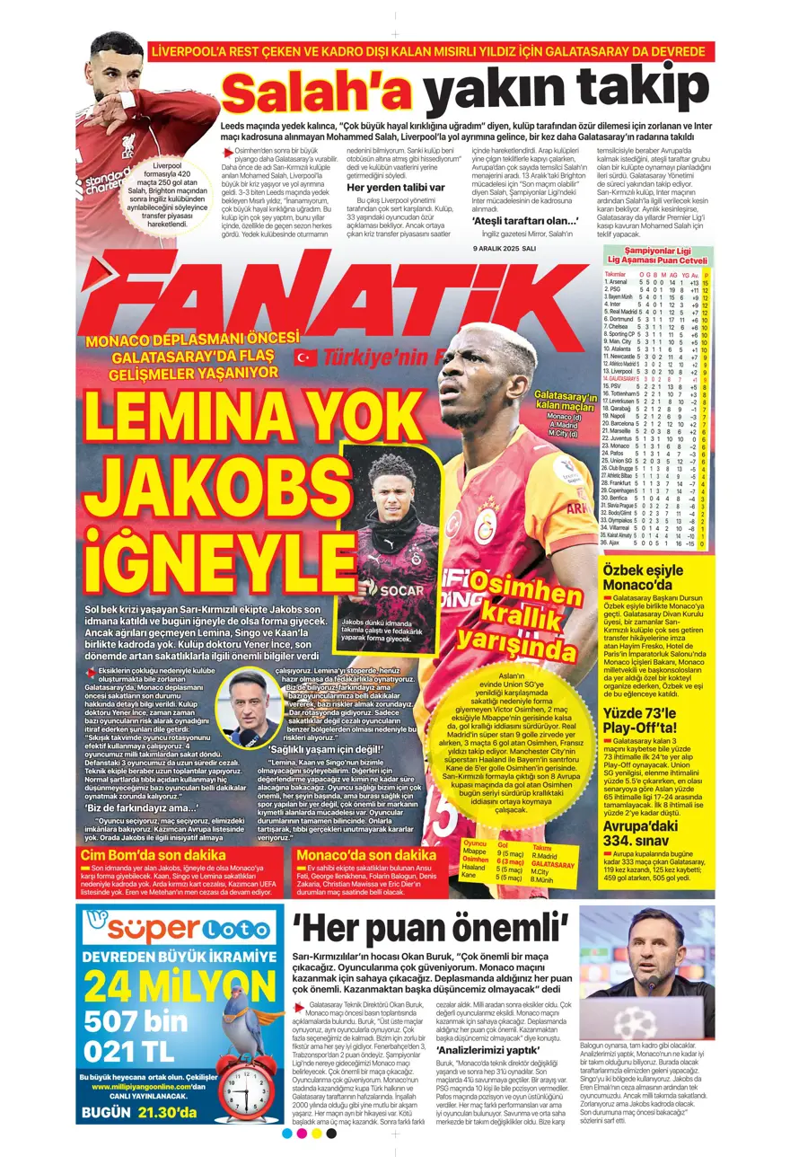 "Tedesco'nun başını rotasyon yaktı" (9 Aralık 2025 spor manşetleri) 2