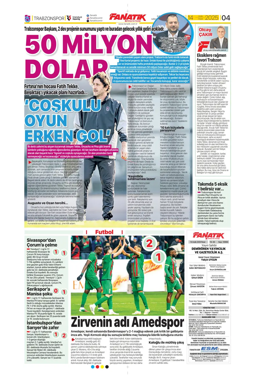 "Derbi ateşi" (14 Aralık 2025 spor manşetleri) 19