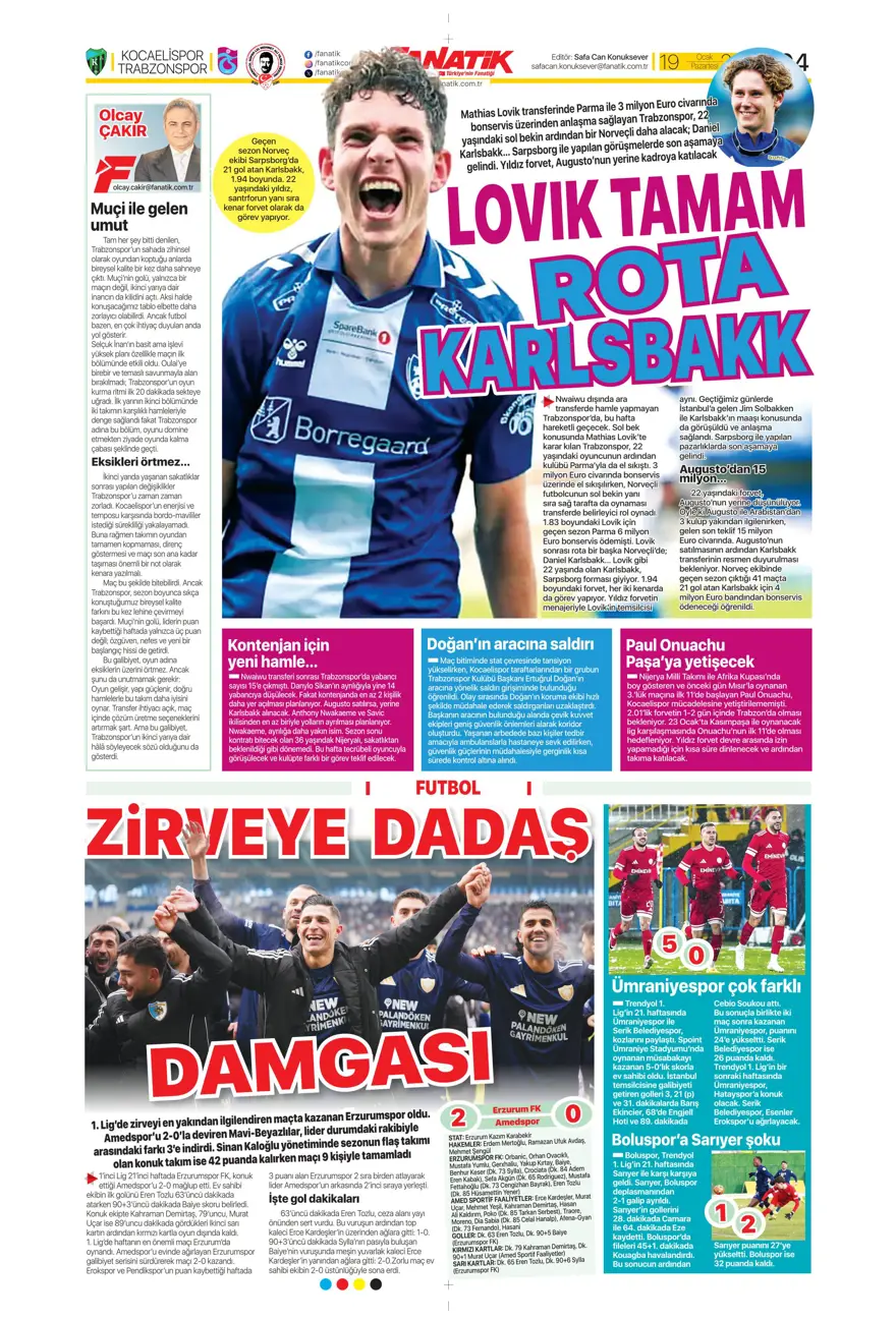 "Zirveye yürüyor" (19 Ocak 2026 spor manşetleri) 26