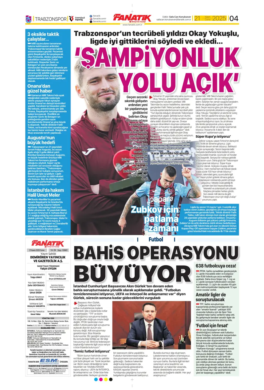 "Balkan turuyla Amerika'ya" (21 Kasım 2025 spor manşetleri) 19