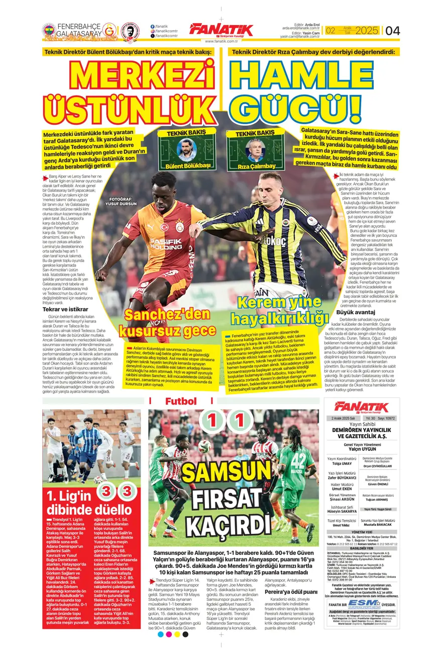 "Aslan salladı, Kanarya yıkılmadı" (2 Aralık 2025 spor manşetleri) 5