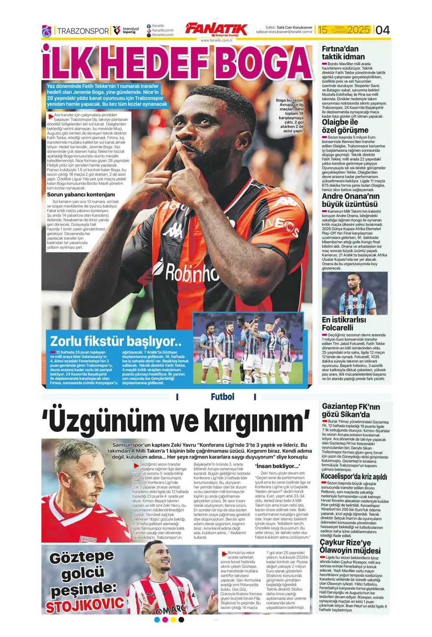 "Parola zafer" (15 Kasım 2025 spor manşetleri) 25