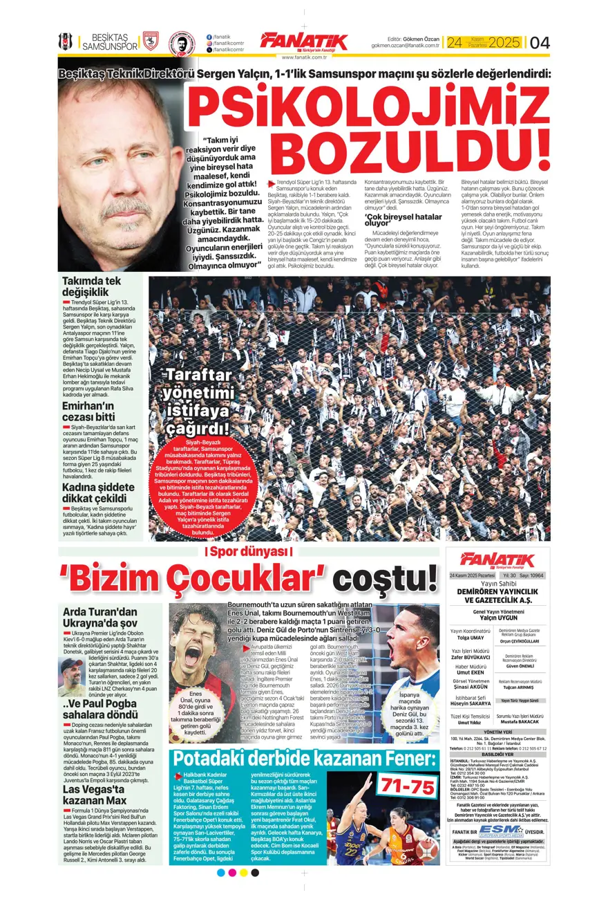 "5'inci viteste derbiye" (24 Kasım 2025 spor manşetleri) 13