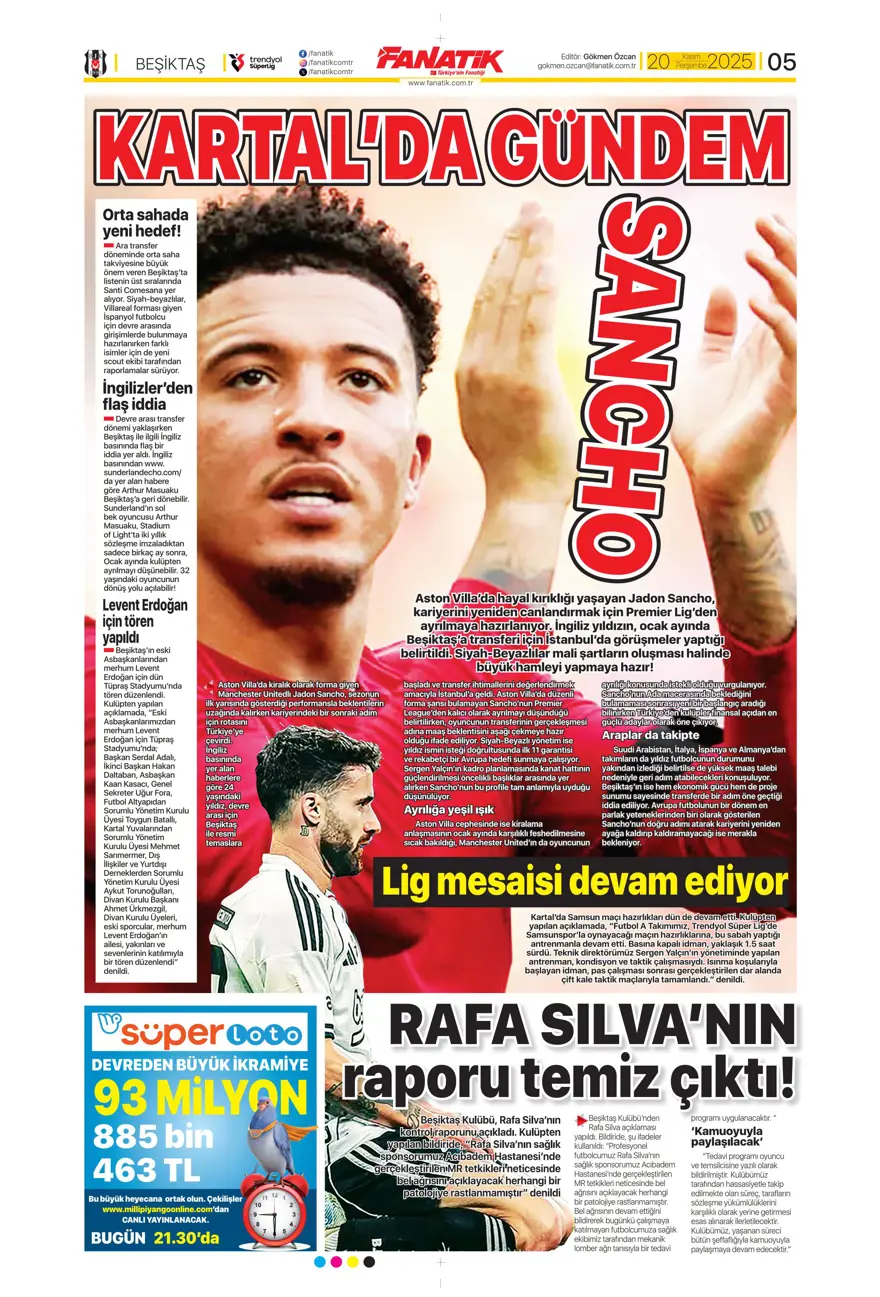 "O bilet gelecek" (20 Kasım 2025 spor manşetleri) 3