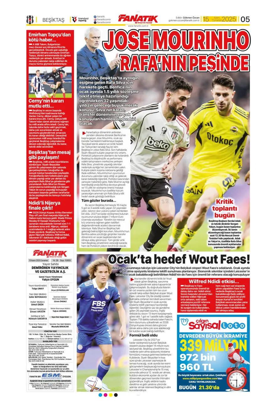 "Parola zafer" (15 Kasım 2025 spor manşetleri) 23