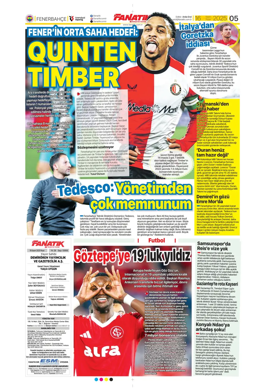 "Bekle bizi Amerika" (16 Kasım 2025 spor manşetleri) 18