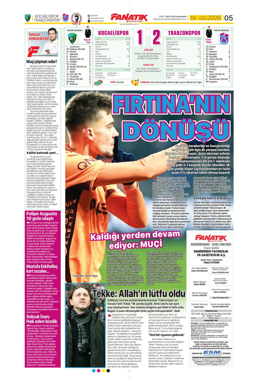 "Zirveye yürüyor" (19 Ocak 2026 spor manşetleri) 21