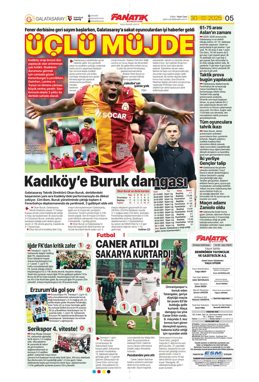 "Zirvede fırtına" (30 Kasım 2025 spor manşetleri) 22