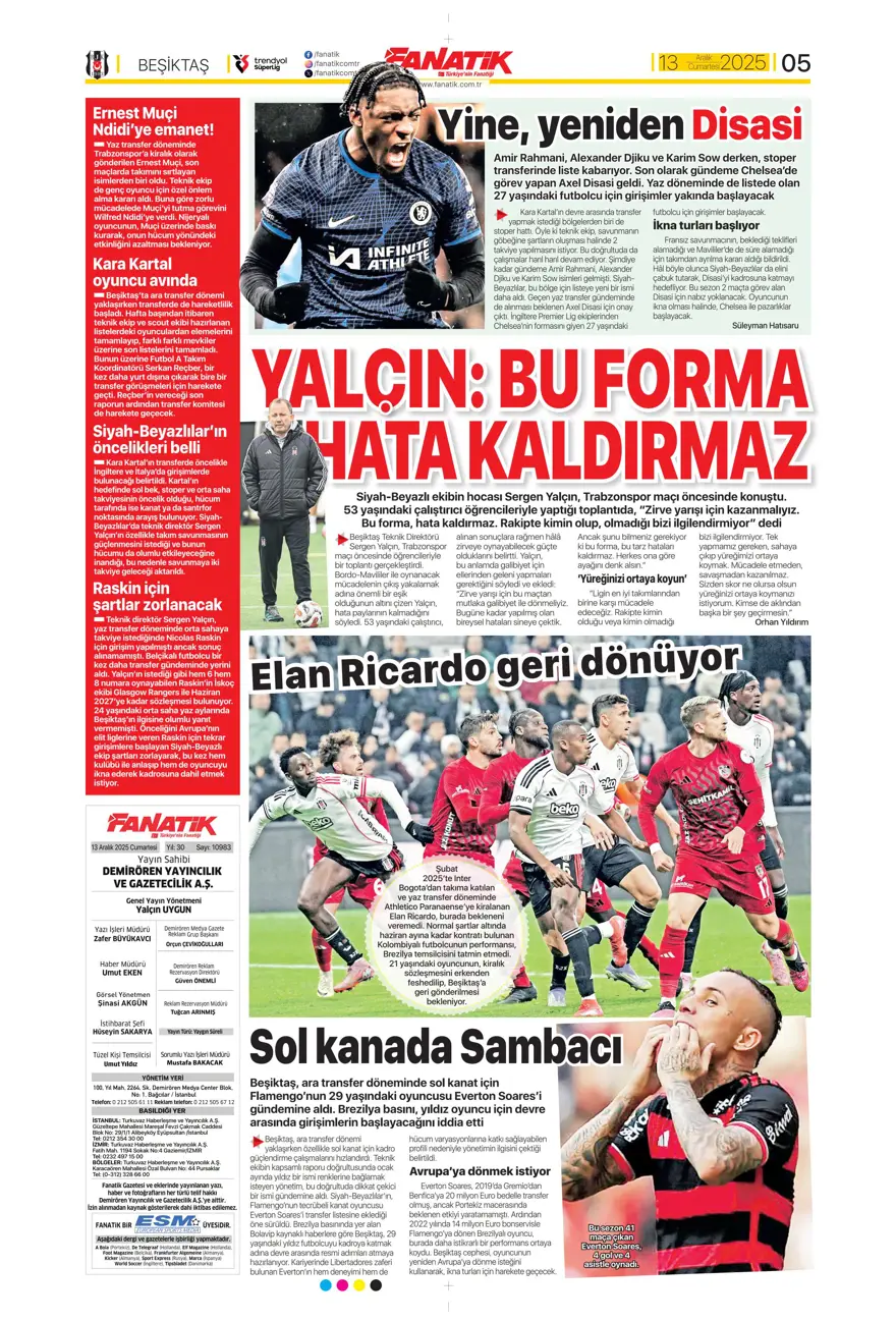 "Avrupa tamam, sıra ligde" (13 Aralık 2025 spor manşetleri) 17