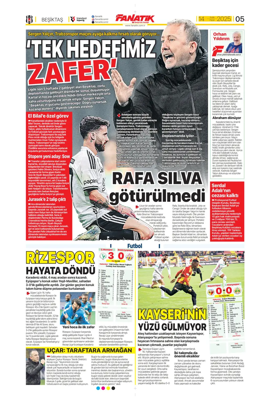 "Derbi ateşi" (14 Aralık 2025 spor manşetleri) 12