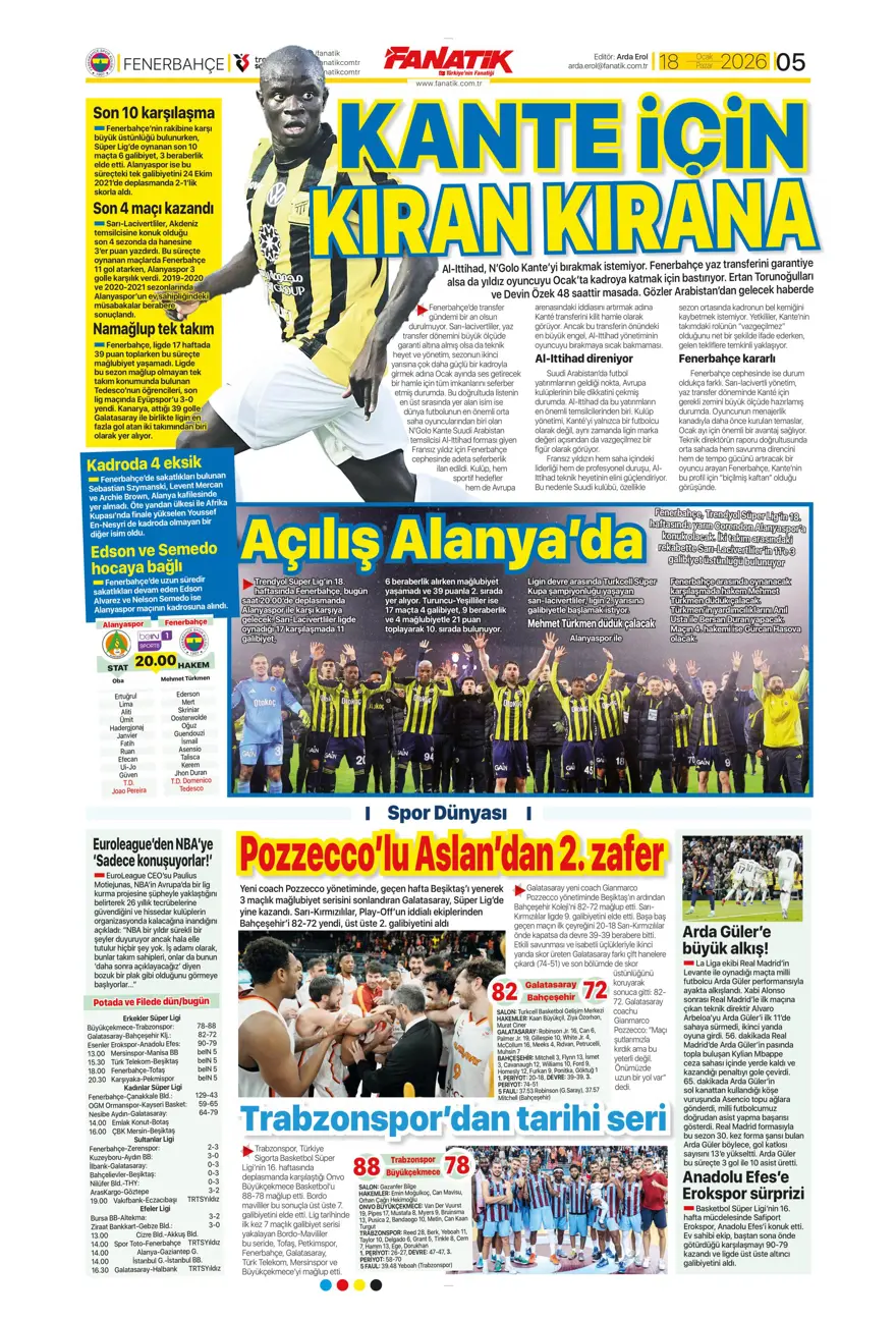 "Yetiş Osimhen" (18 Ocak 2026 spor manşetleri) 18