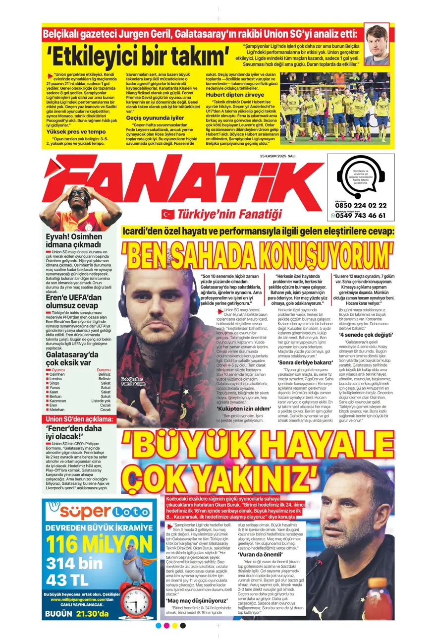 "Aslan'ın yeni avı Union SG" (25 Kasım 2025 spor manşetleri) 32