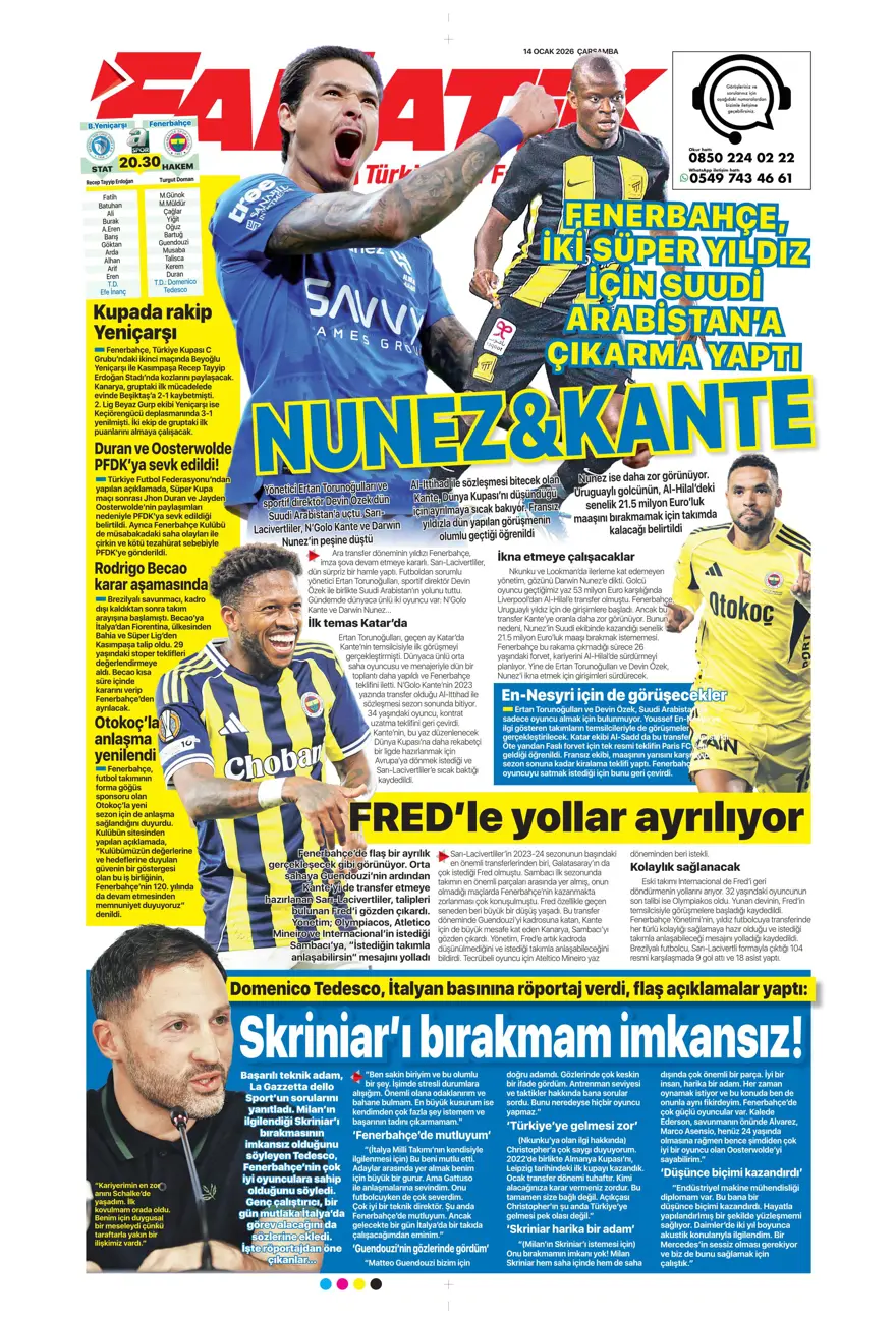 "Fenerbahçe'de Kante haftası" (14 Ocak 2026 spor manşetleri) 13