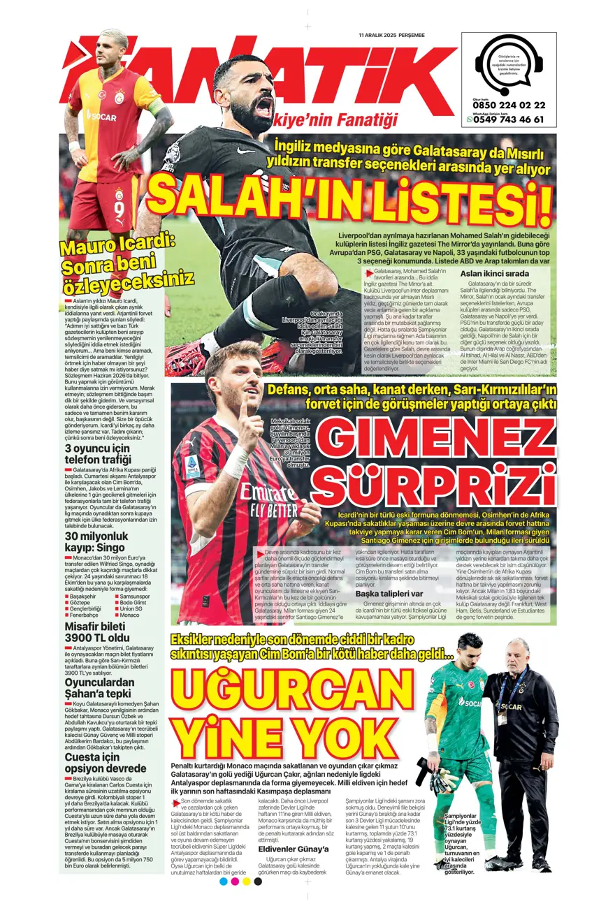 "Zafer yakışır" (11 Aralık 2025 spor manşetleri)
 17