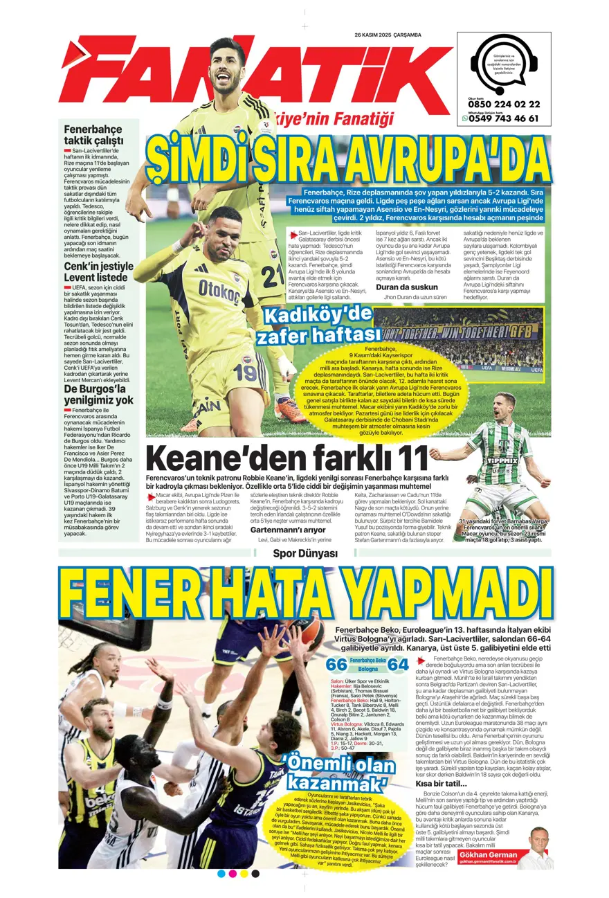 "Aslan fırsat tepti" (26 Kasım 2025 spor manşetleri) 3