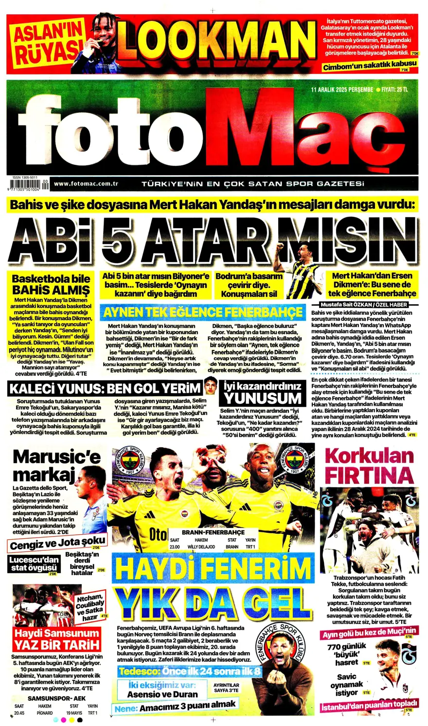 "Zafer yakışır" (11 Aralık 2025 spor manşetleri)
 2