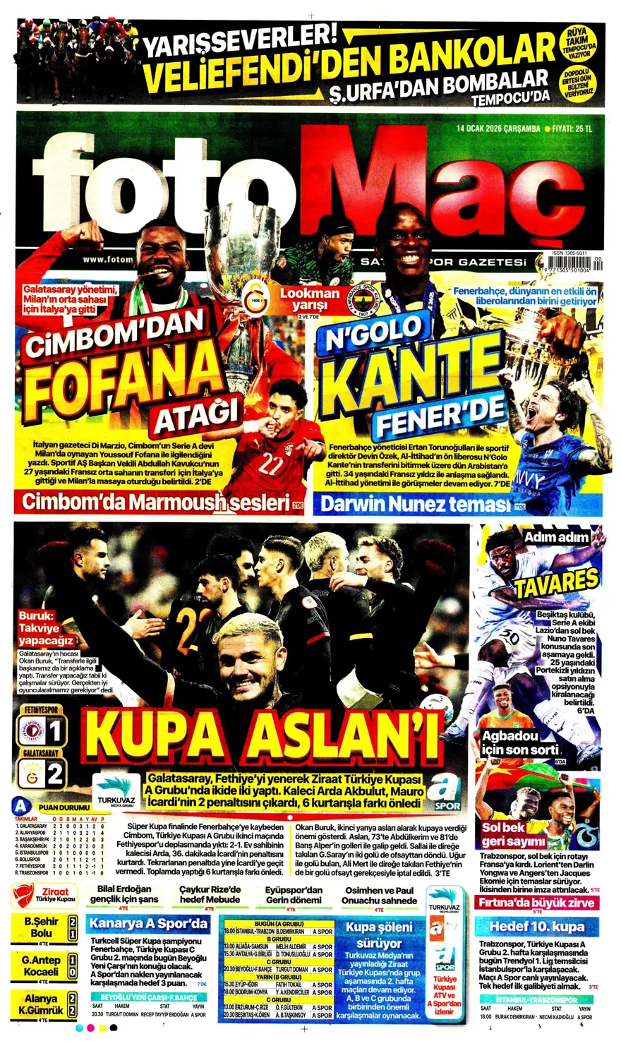 "Fenerbahçe'de Kante haftası" (14 Ocak 2026 spor manşetleri) 11