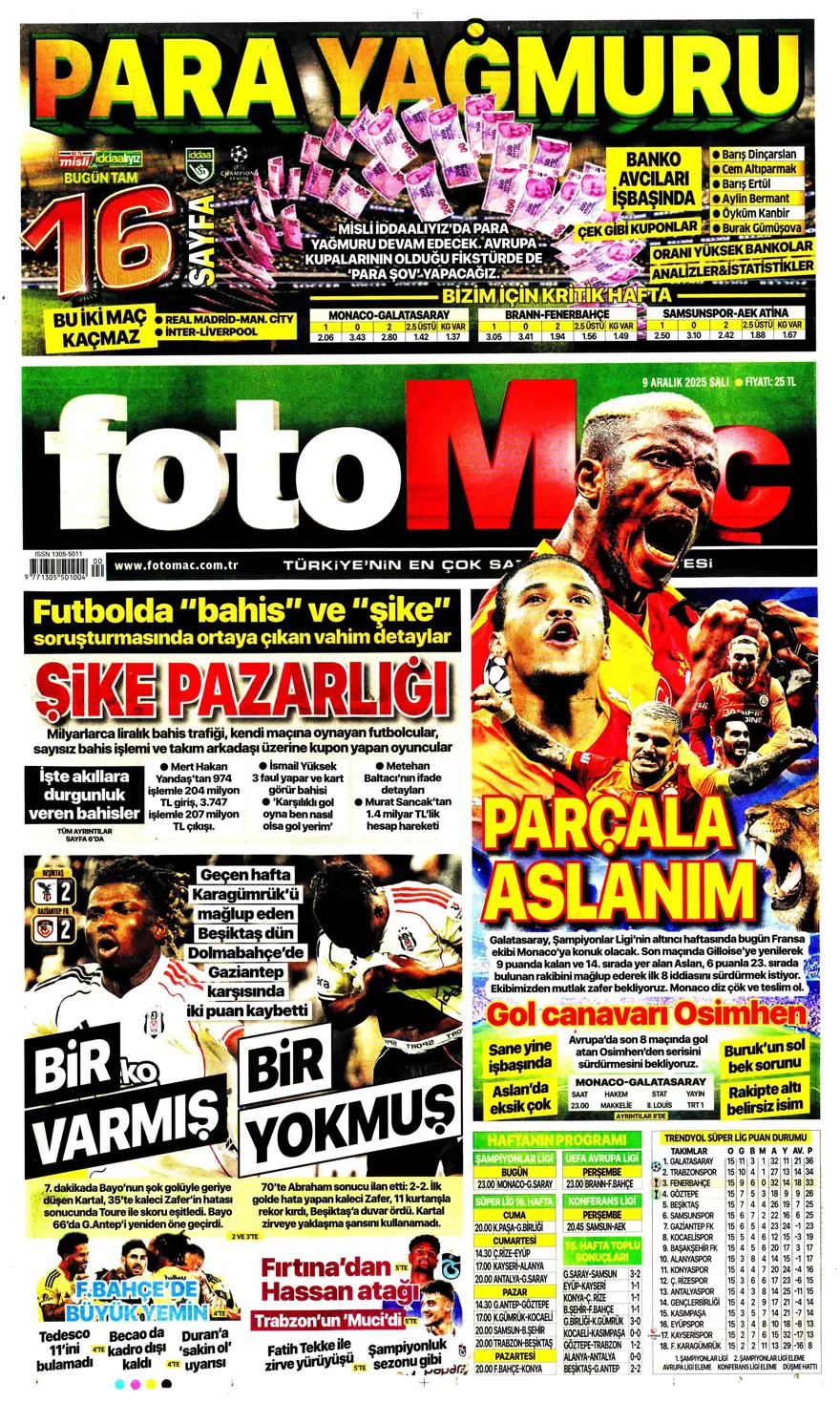 "Tedesco'nun başını rotasyon yaktı" (9 Aralık 2025 spor manşetleri) 6