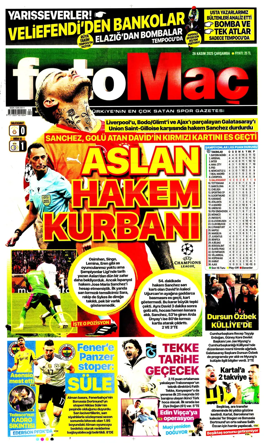 "Aslan fırsat tepti" (26 Kasım 2025 spor manşetleri) 30
