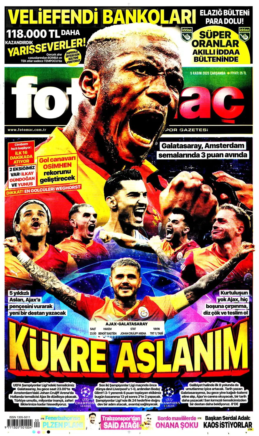 "Devler Ligi'nde Aslan gecesi" (5 Kasım 2025 spor manşetleri) 25 "Devler Ligi'nde Aslan gecesi" (5 Kasım 2025 spor manşetleri) 25