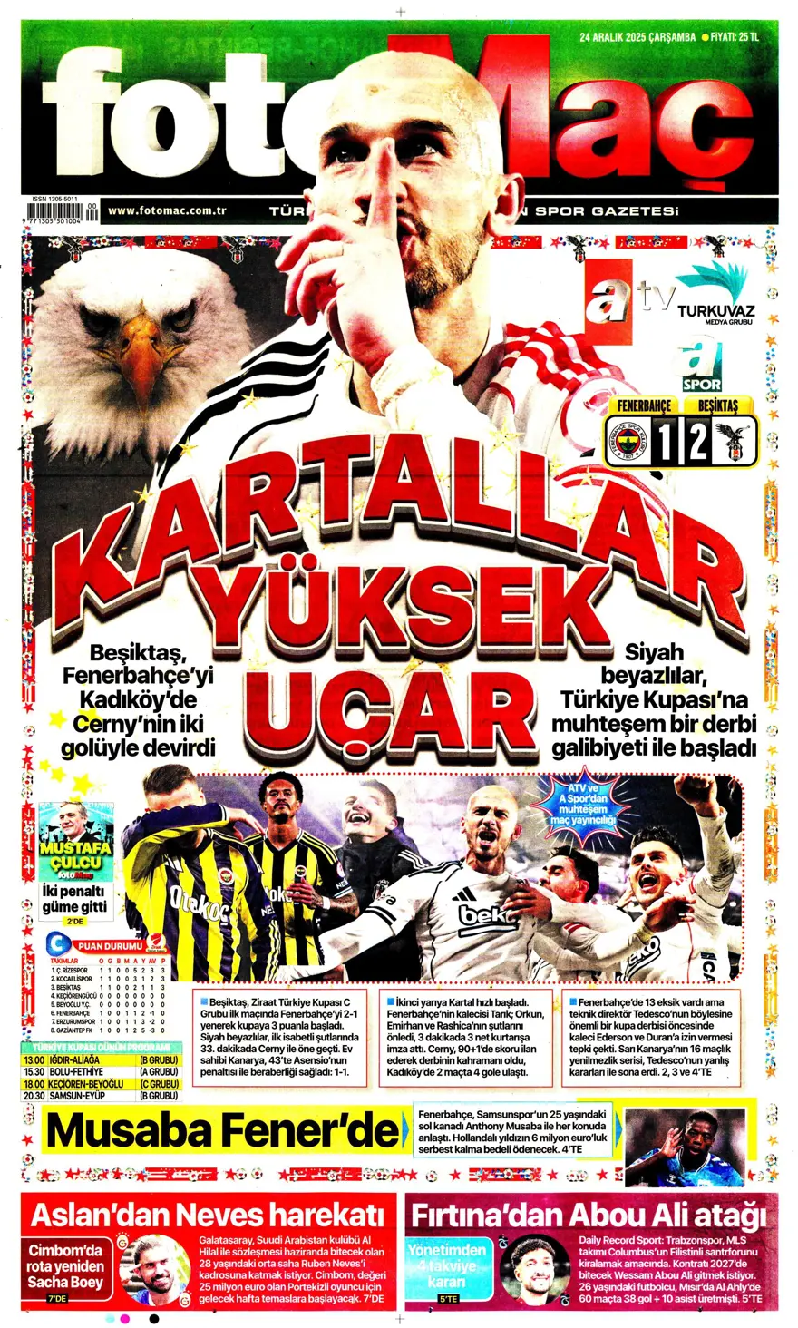 "Kadıköy'de Cerny pençesi" (24 Aralık spor manşetleri) 7 "Kadıköy'de Cerny pençesi" (24 Aralık spor manşetleri) 7