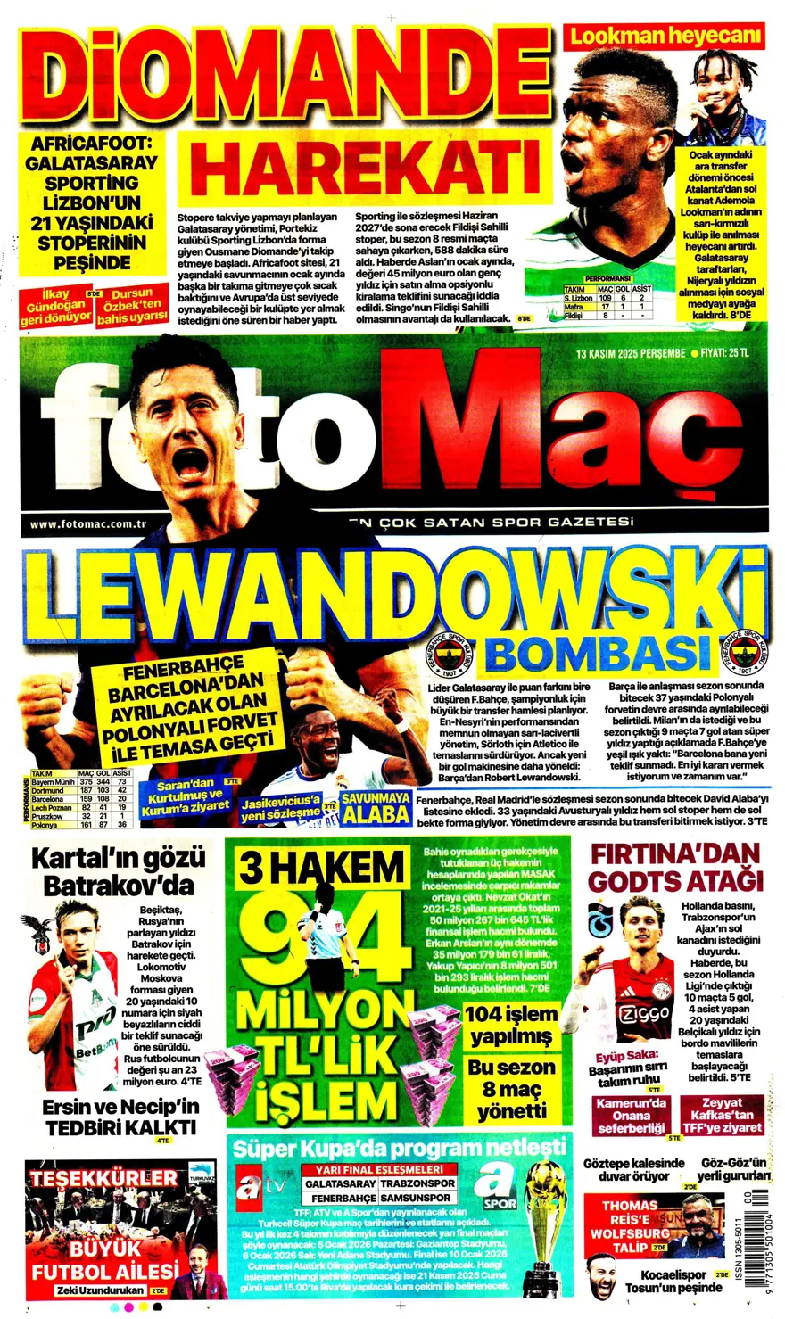 "Lewandowski bombası" (13 Kasım 2025 spor manşetleri) 