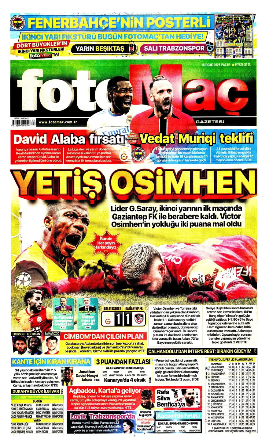 "Yetiş Osimhen" (18 Ocak 2026 spor manşetleri) 