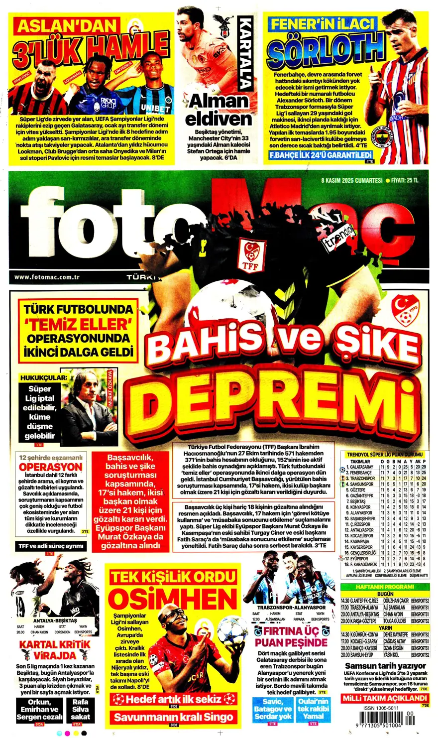 "Bahis ve şike depremi" (8 Kasım 2025 spor manşetleri) 