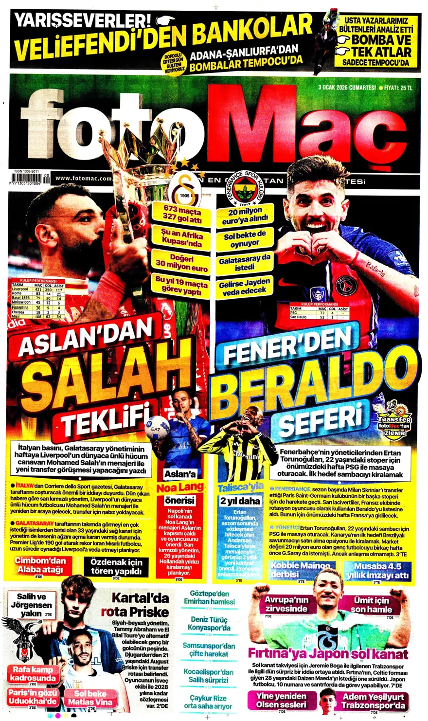 "Aslan'dan Salah teklifi" (3 Ocak 2026 spor manşetleri) 