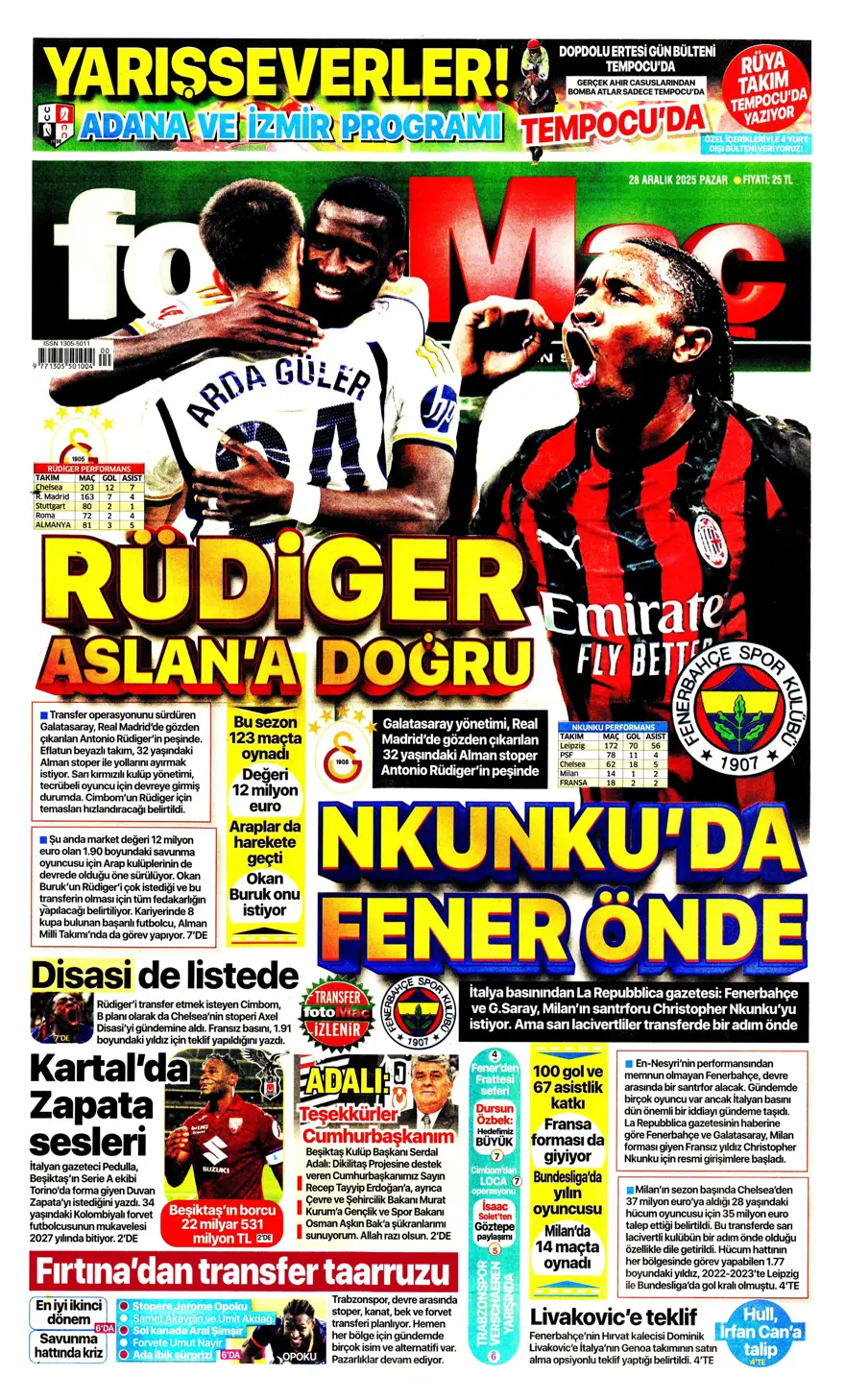 "Nkunku derbisi" (28 Aralık 2025 spor manşetleri) 1