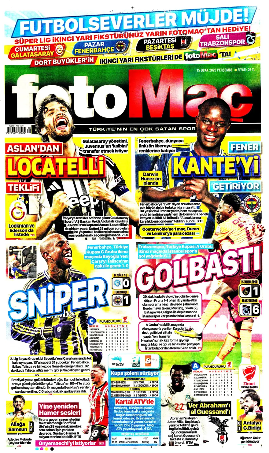 "Orta sahaya nokta atışı" (15 Ocak 2026 spor manşetleri) 1 "Orta sahaya nokta atışı" (15 Ocak 2026 spor manşetleri) 1