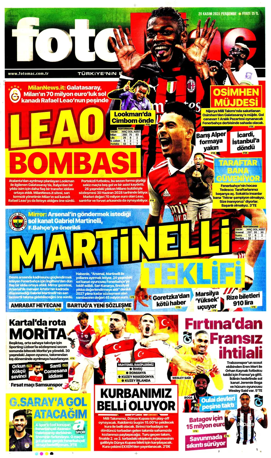 "O bilet gelecek" (20 Kasım 2025 spor manşetleri) 2