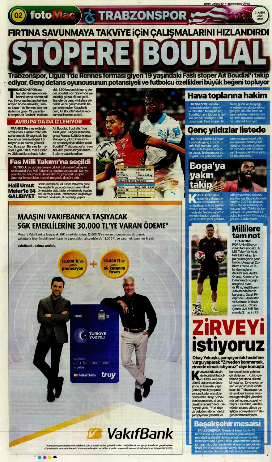 "Balkan turuyla Amerika'ya" (21 Kasım 2025 spor manşetleri) 18