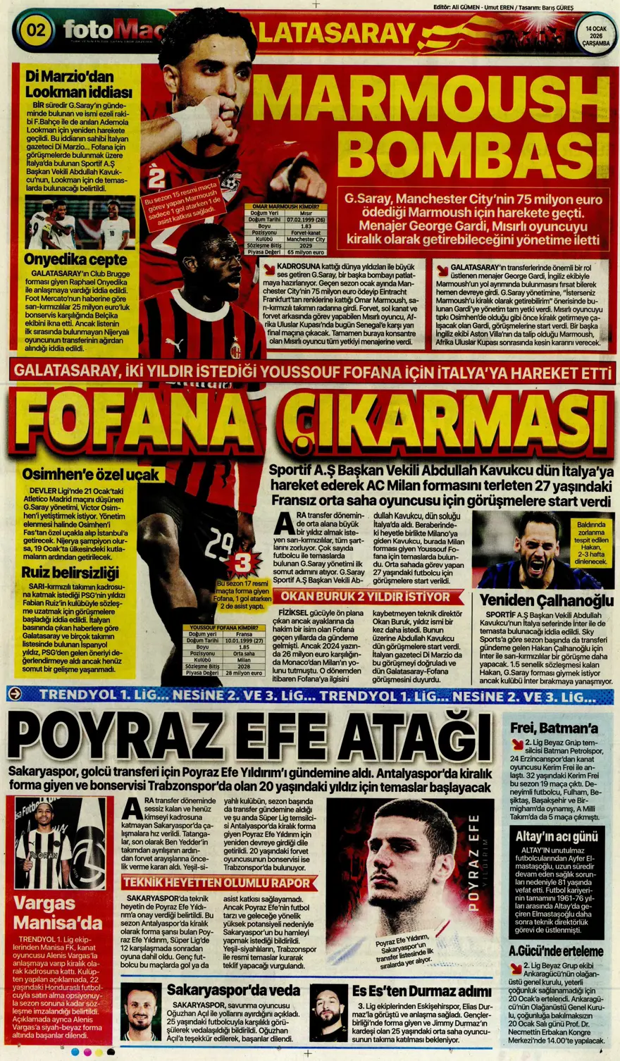 "Fenerbahçe'de Kante haftası" (14 Ocak 2026 spor manşetleri) 7