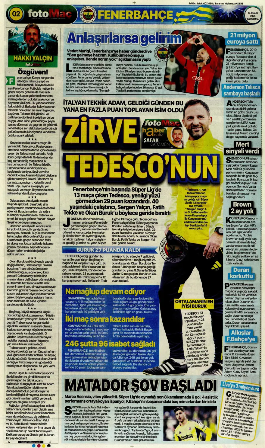 "Lemina'nın veliahtı Dennis" (17 Aralık 2025 spor manşetleri) 8