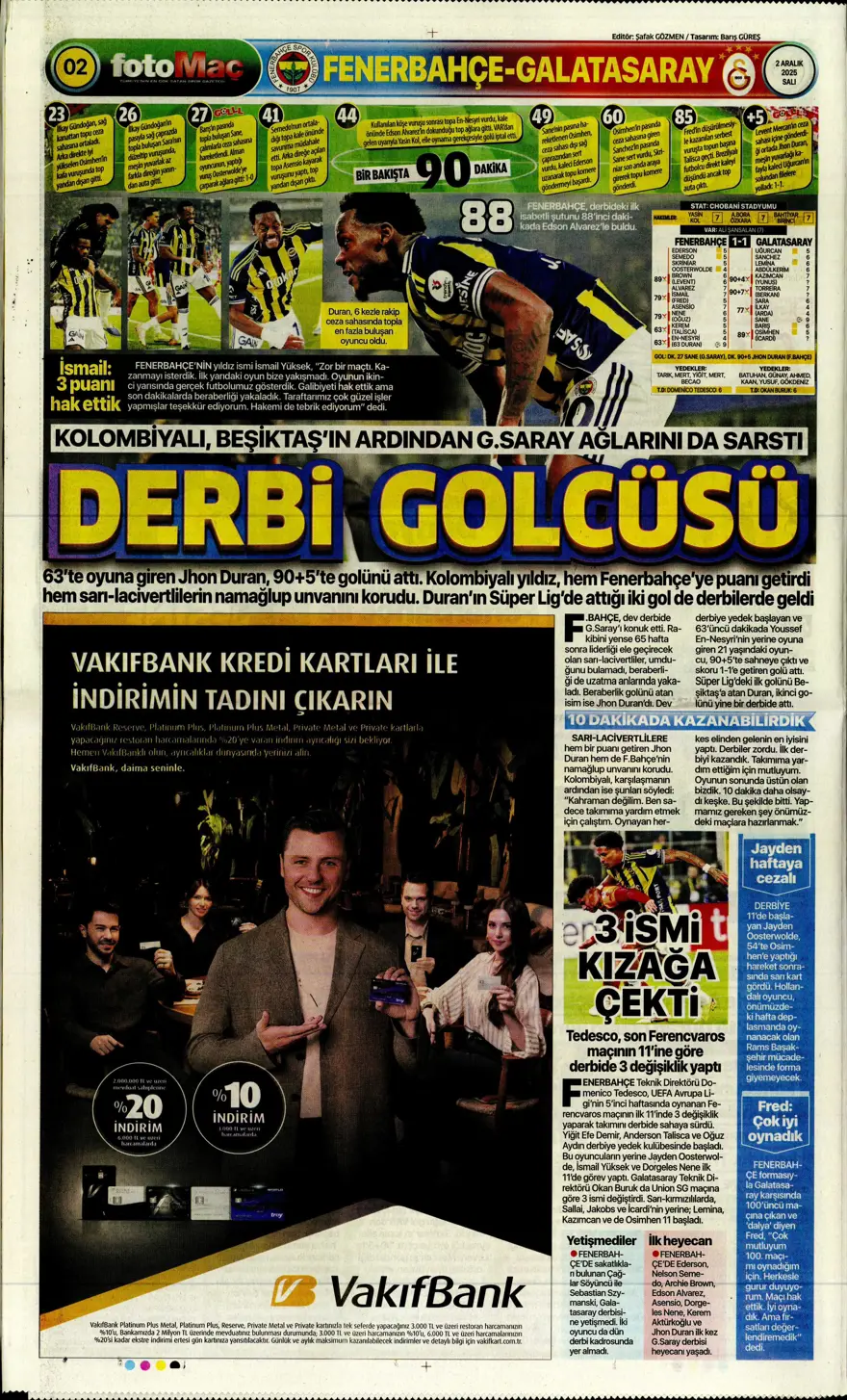 "Aslan salladı, Kanarya yıkılmadı" (2 Aralık 2025 spor manşetleri) 7