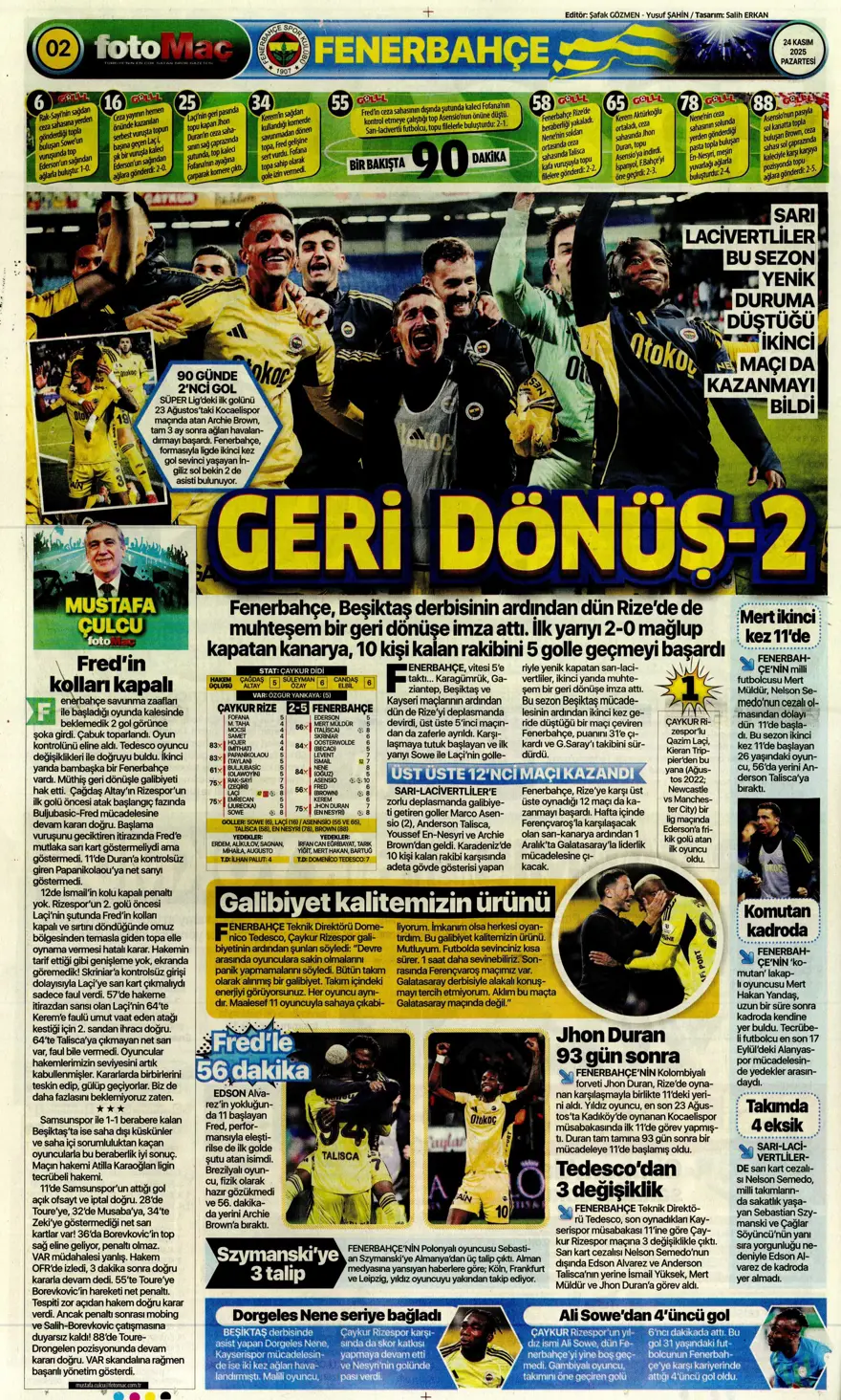 "5'inci viteste derbiye" (24 Kasım 2025 spor manşetleri) 4