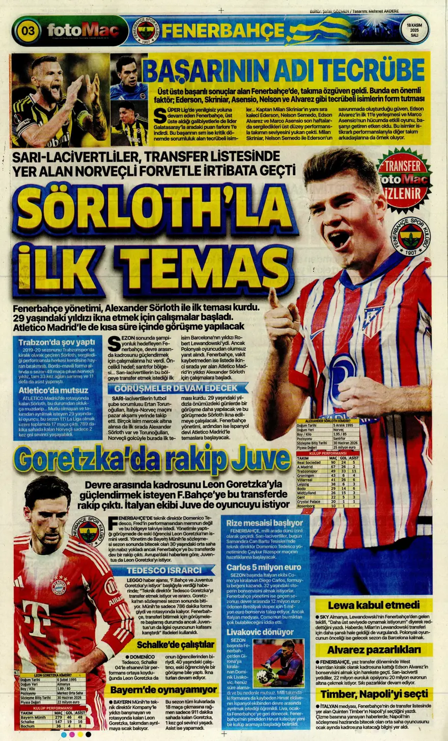 "Fenerbahçe'de Ocak operasyonu" (18 Kasım 2025 spor manşetleri) 16