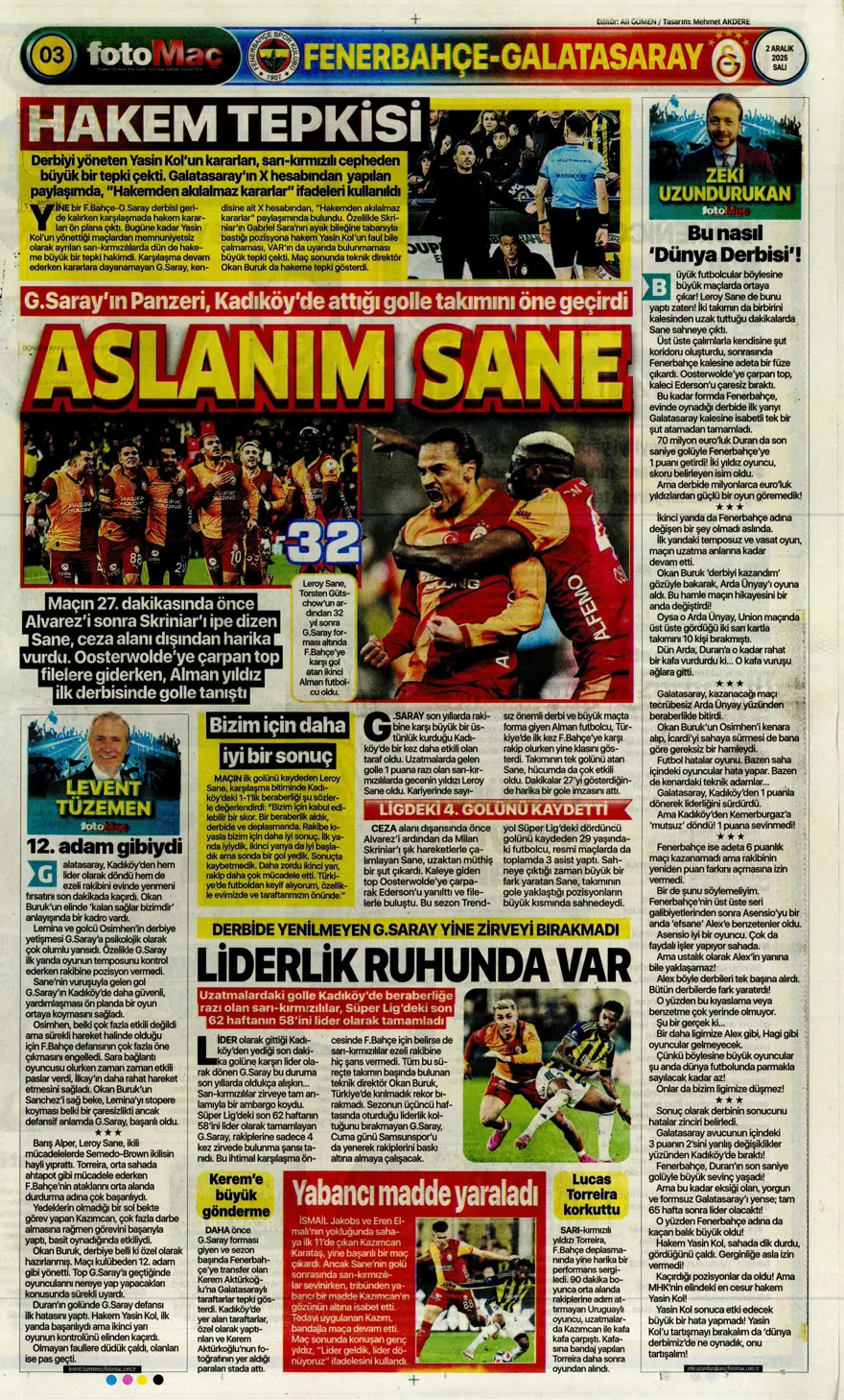 "Aslan salladı, Kanarya yıkılmadı" (2 Aralık 2025 spor manşetleri) 8
