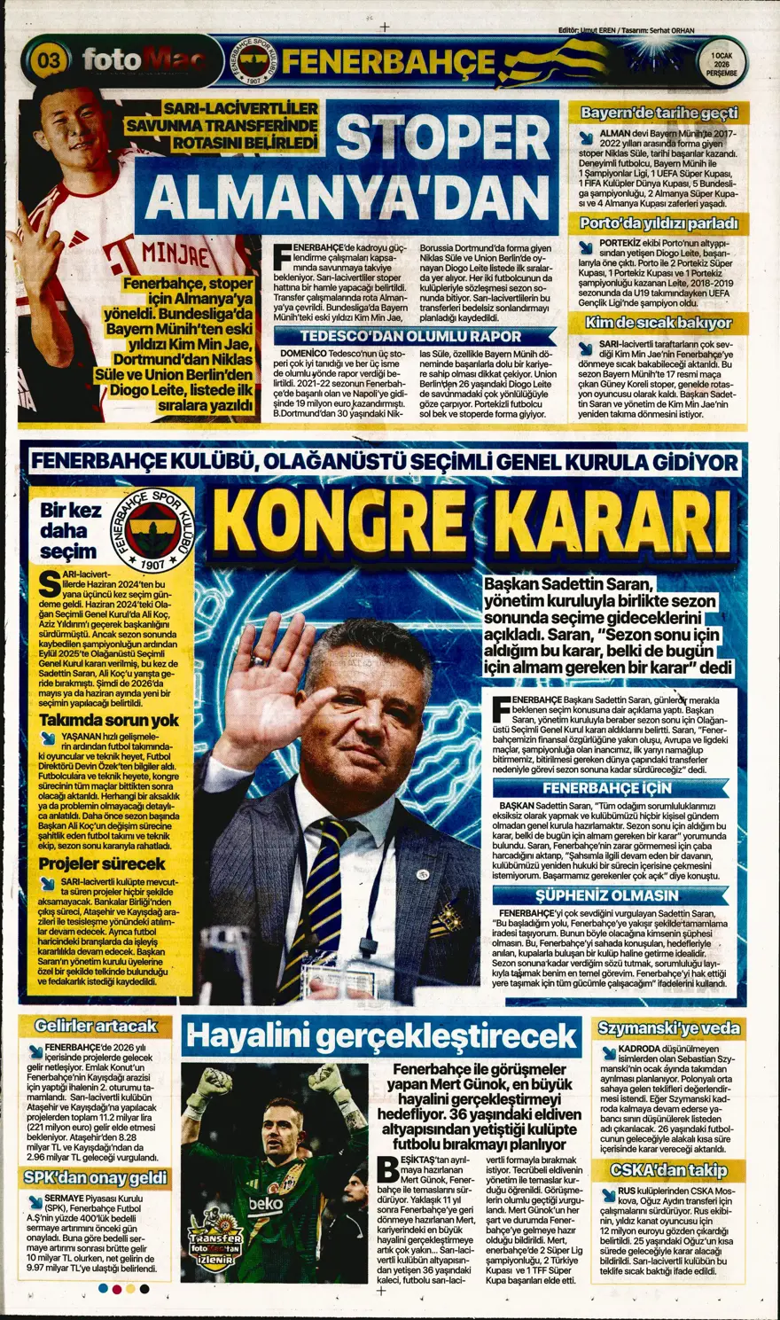 "Kiralık çözümü Ugarte" (1 Ocak 2026 spor manşetleri)
 5
