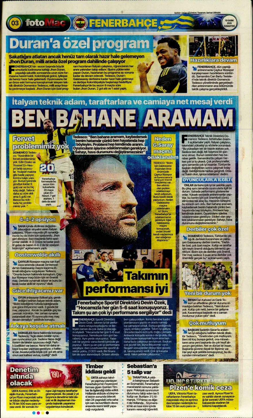 "Parola zafer" (15 Kasım 2025 spor manşetleri) 2