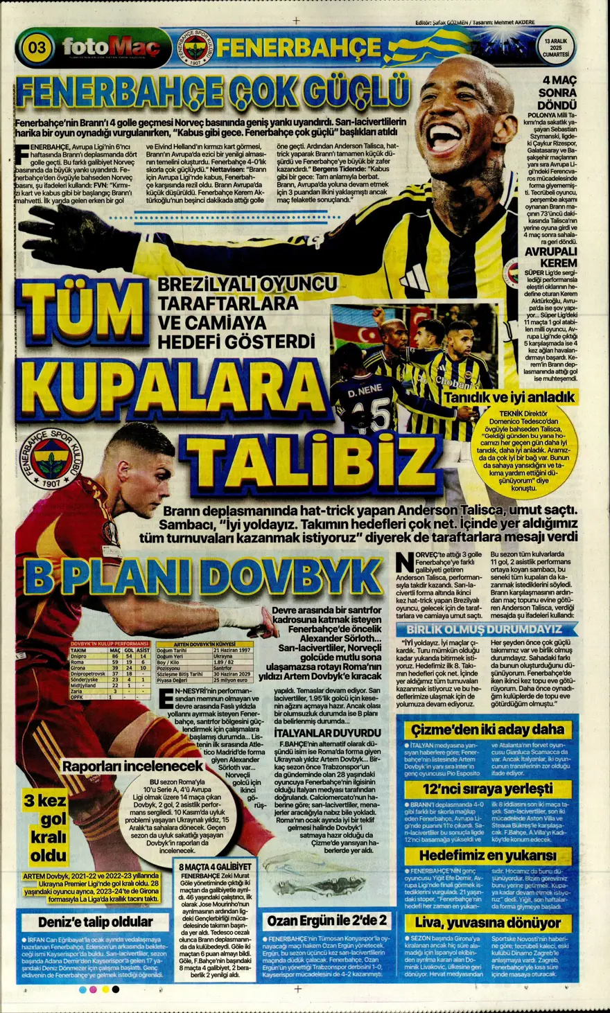 "Avrupa tamam, sıra ligde" (13 Aralık 2025 spor manşetleri) 2