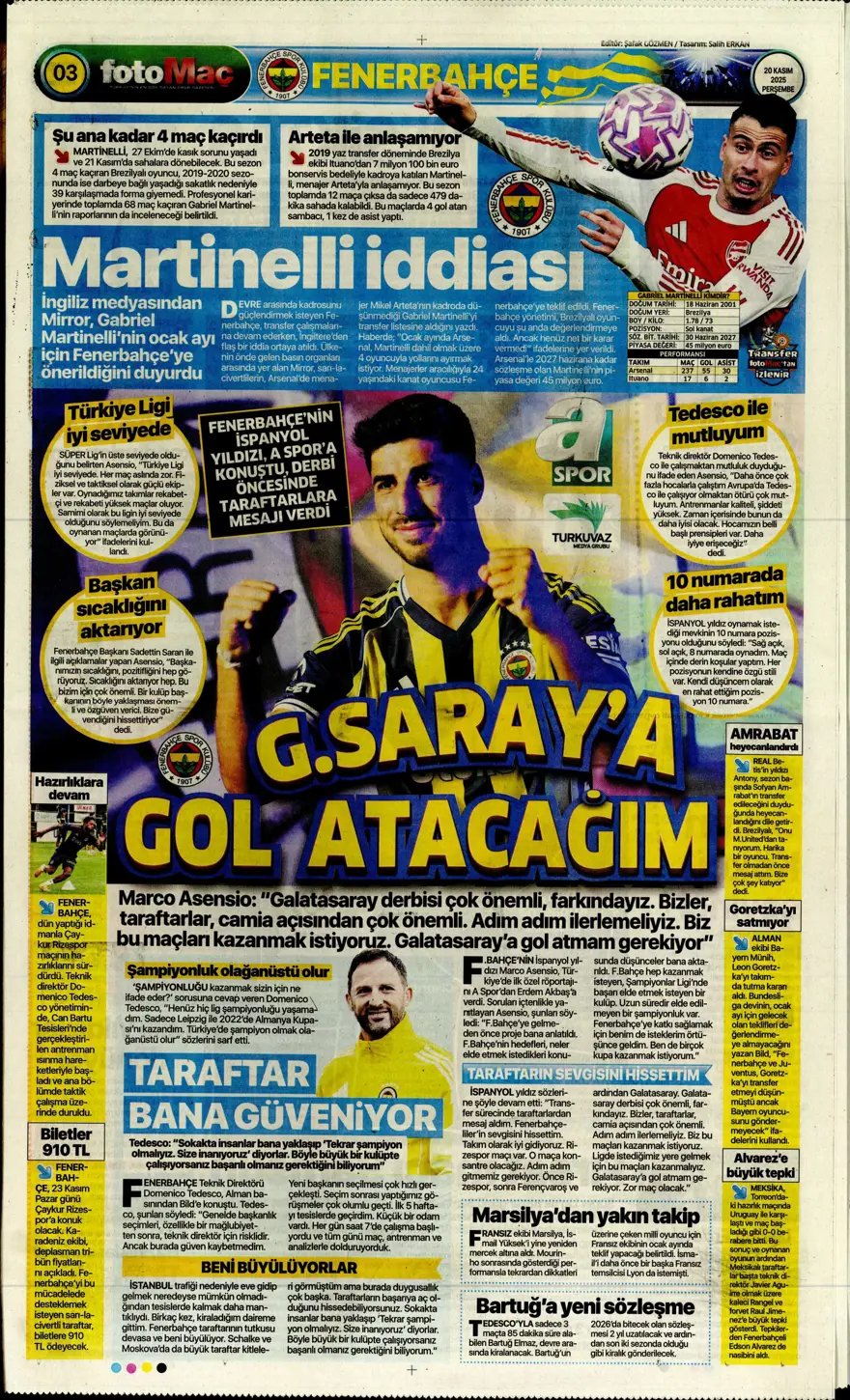 "O bilet gelecek" (20 Kasım 2025 spor manşetleri) 4