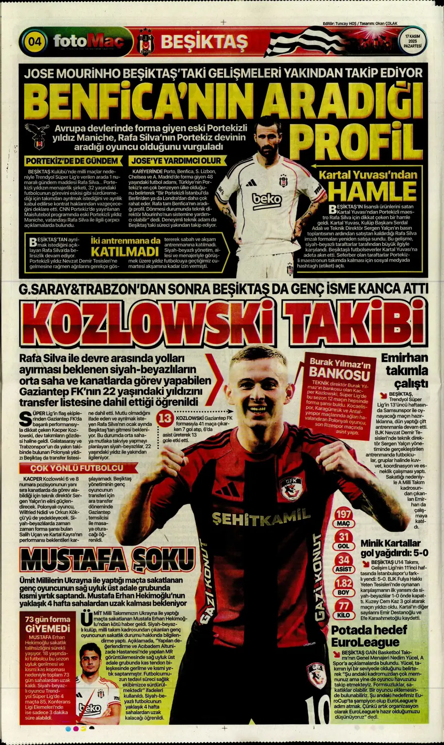 "Yolumuz açık" (17 Kasım 2025 spor manşetleri) 16