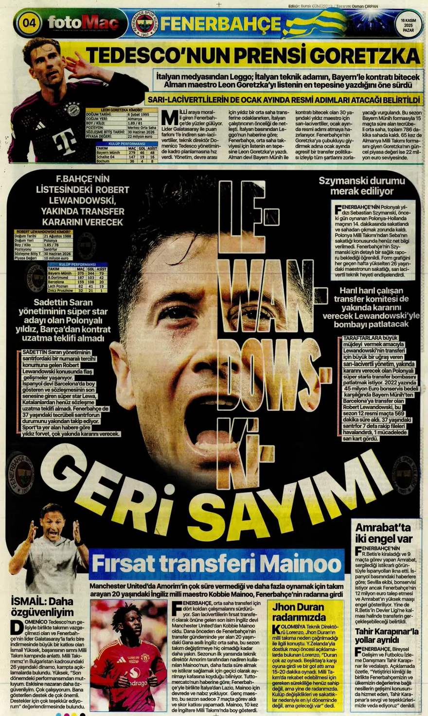 "Bekle bizi Amerika" (16 Kasım 2025 spor manşetleri) 21