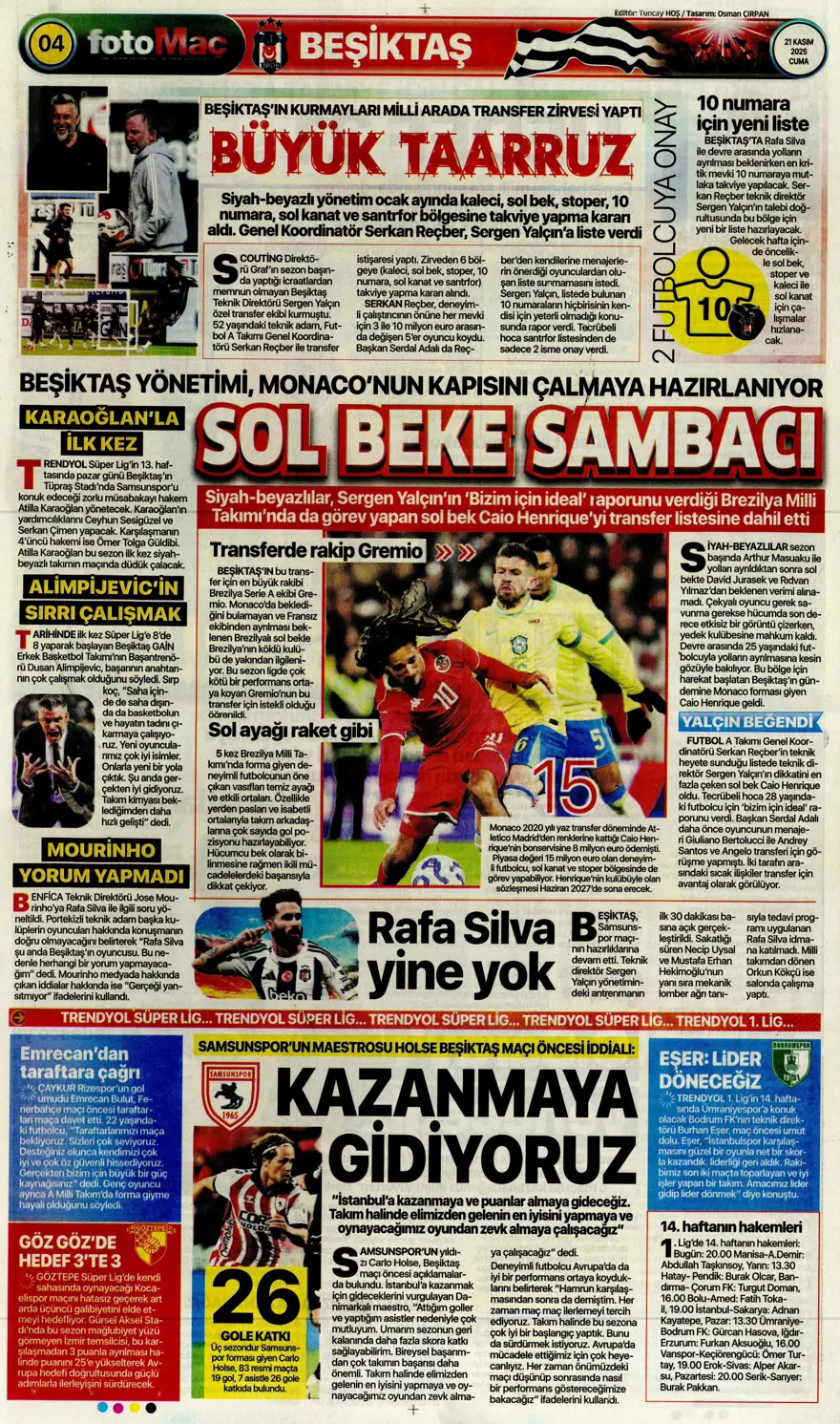 "Balkan turuyla Amerika'ya" (21 Kasım 2025 spor manşetleri) 7