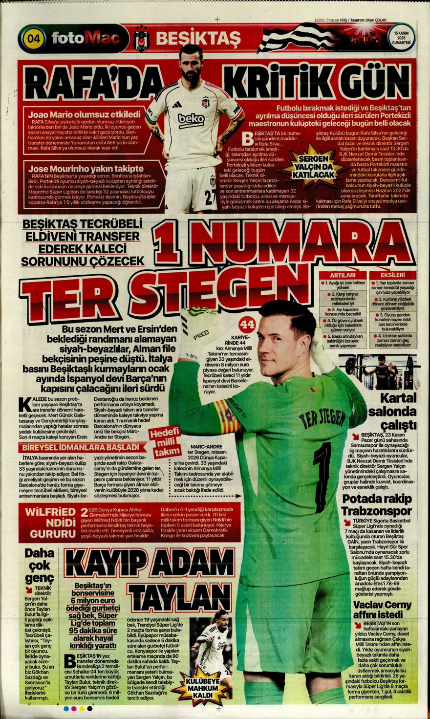 "Parola zafer" (15 Kasım 2025 spor manşetleri) 9