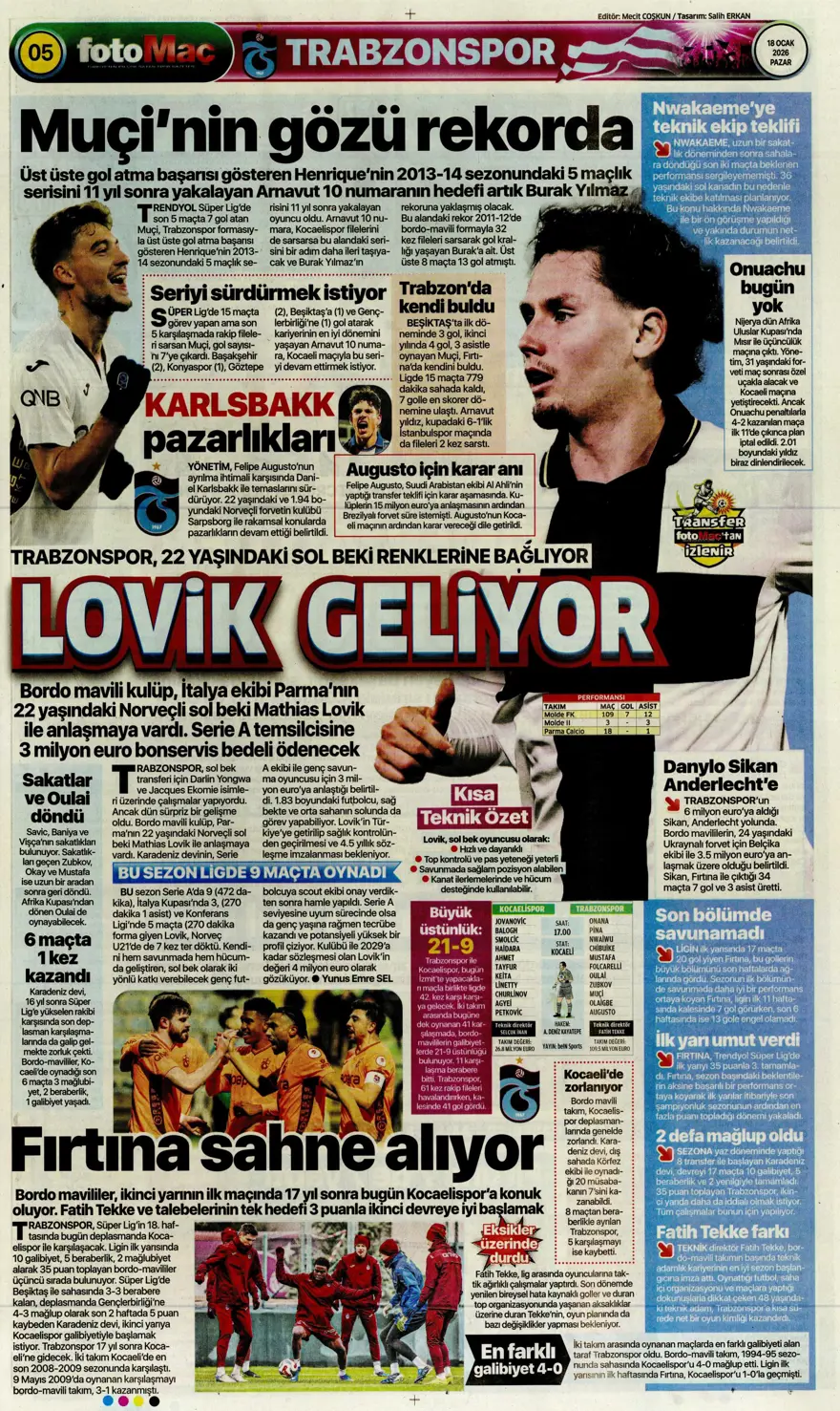 "Yetiş Osimhen" (18 Ocak 2026 spor manşetleri) 16